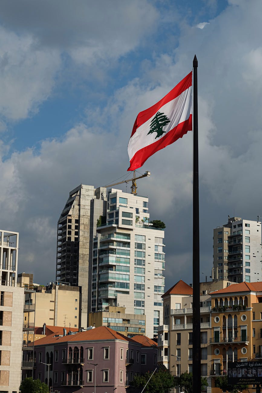 lebanese flag and urban skyline in beirut